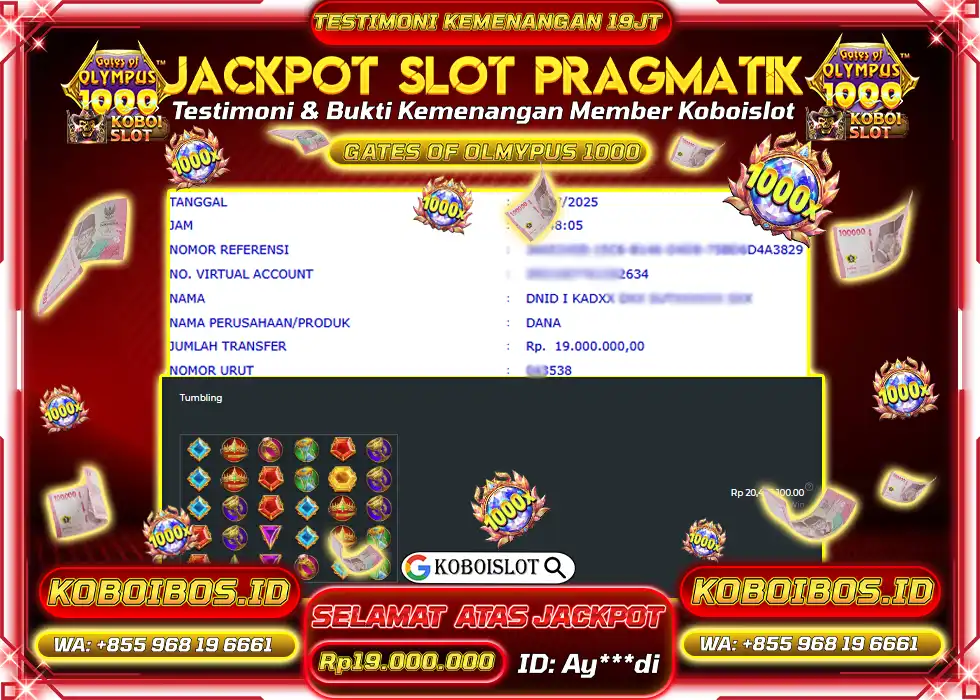 BUKTI KEMENANGAN Ay*** SLOT GACOR GATES OF OLYMPUS 1000 Rp19.000.000,- LUNAS