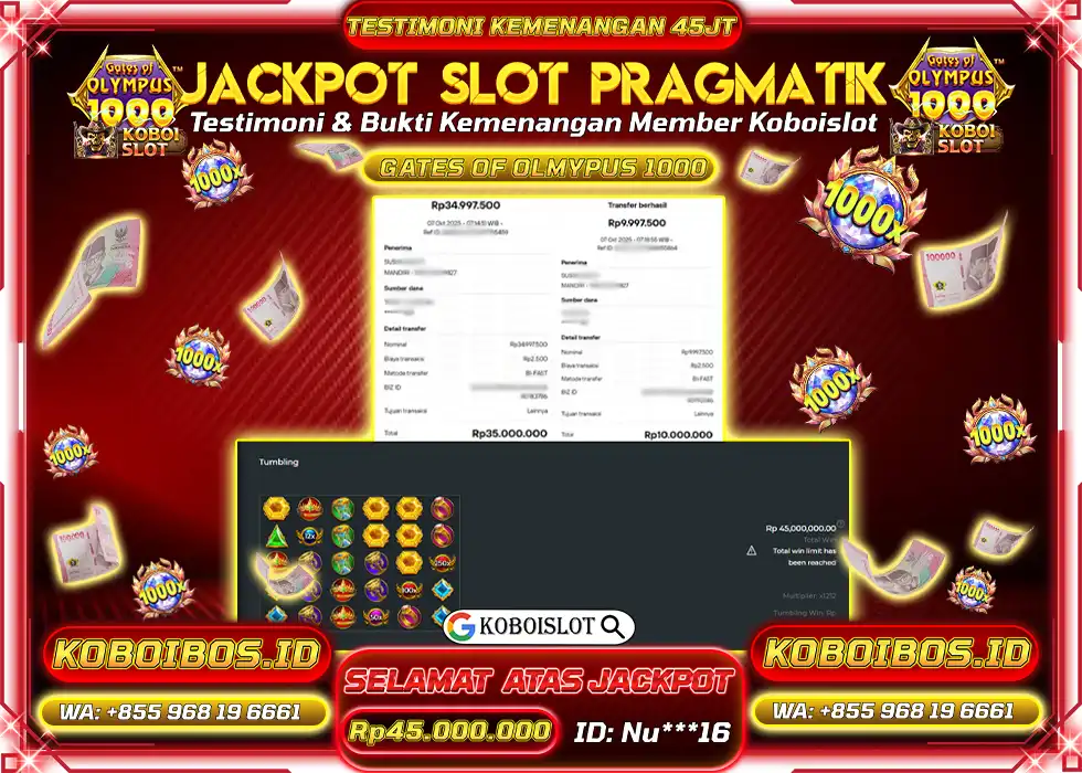 BUKTI KEMENANGAN SLOT GACOR GATES OF OLYMPUS 1000 Rp45.000.000,- LUNAS