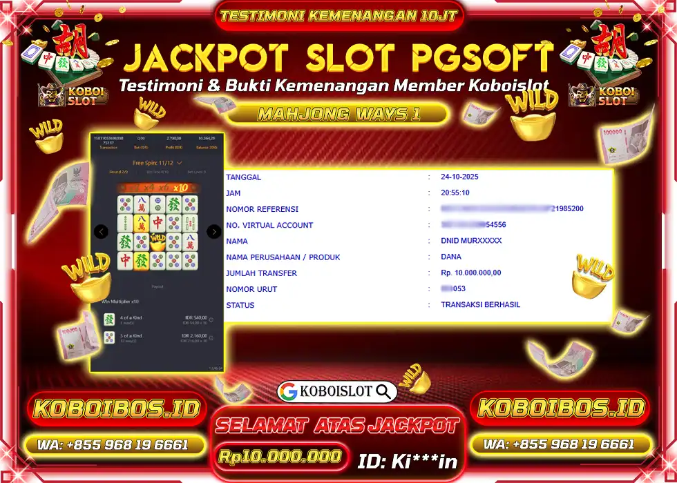 BUKTI KEMENANGAN Ki*** SLOT GACOR MAHJONG WAYS 1 Rp10.000.000,- LUNAS