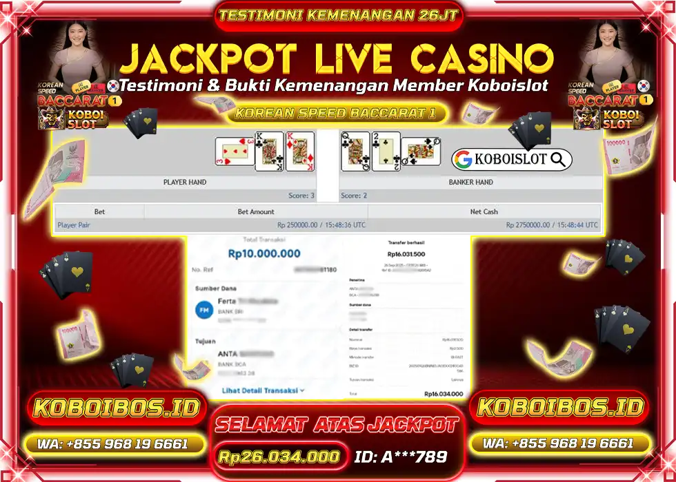 BUKTI KEMENANGAN LIVE CASINO KOREAN SPEED BACCARAT 1 Rp26.034.000,- LUNAS