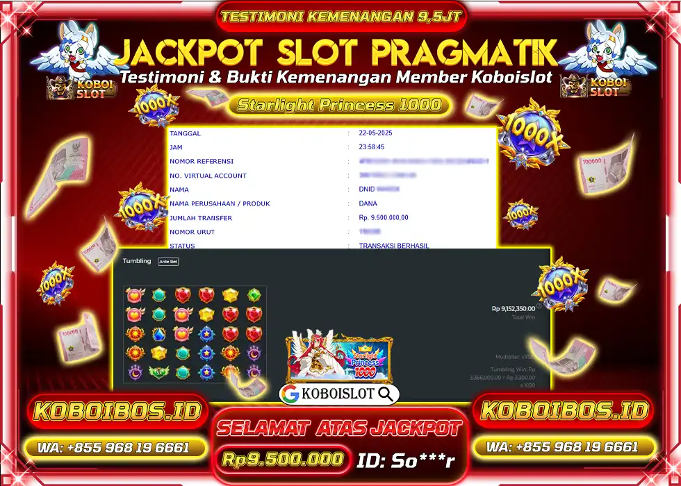 BUKTI KEMENANGAN SLOT GACOR STARLIGHT PRINCESS 1000 KOBOISLOT Rp9.500.000,- LUNAS