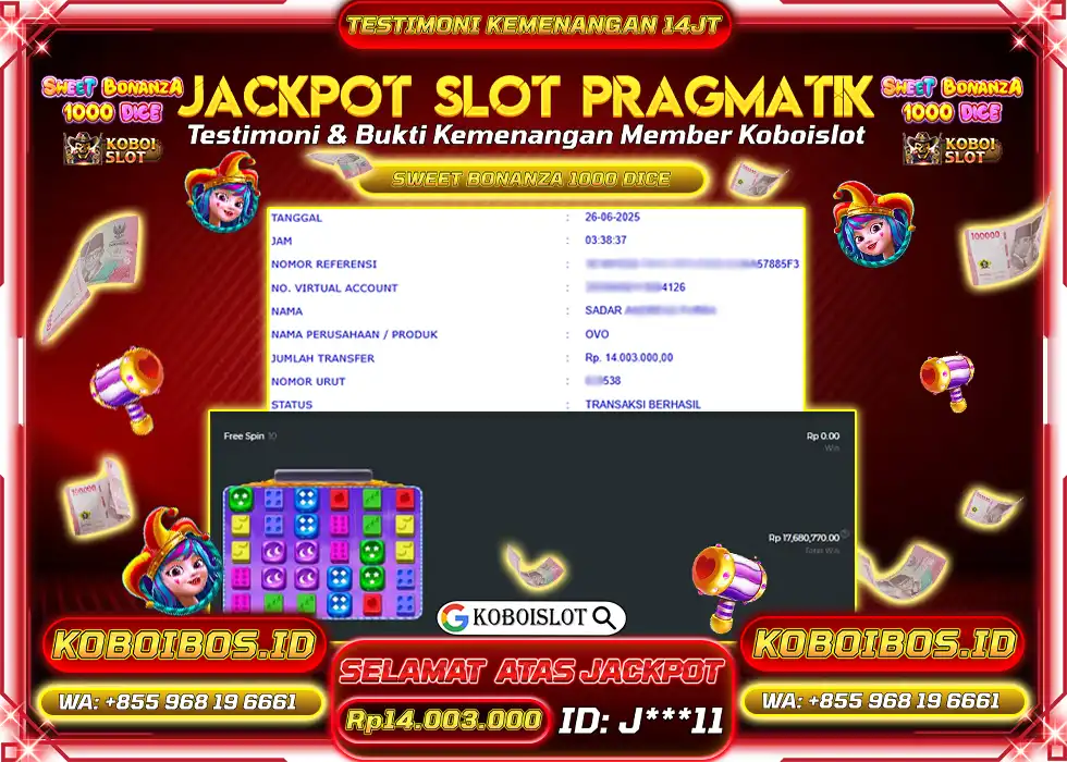 BUKTI KEMENANGAN SLOT GACOR SWEET BONANZA 1000 DICE Rp14.003.000,- LUNAS